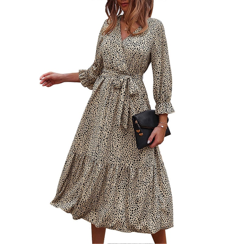 Women Long Sleeve Wrap V Neck Leopard Print Ruffle Tiered Tie Waist Flowy Long Dress Khaki M | Fruugo SG