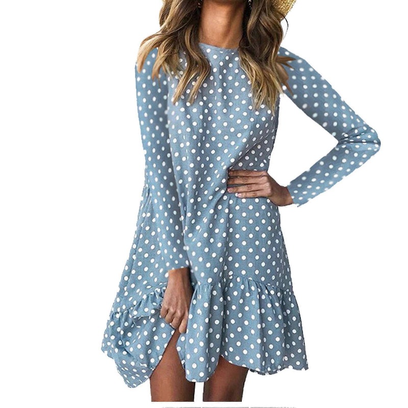 Women Polka Dot Printed Dress Round Neck Dress Ruffle Hem Long Sleeve Loose Fit Dress Blue XL | Fruugo SG