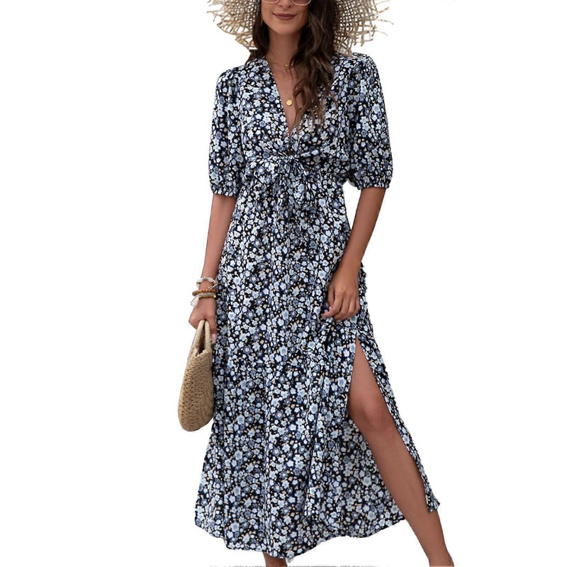 Women Puff Short Sleeve Deep V Neck Dress Floral Print Lace Up Elegant One Piece for Holidays Clubs Dates Office Black 2XL | Fruugo SG