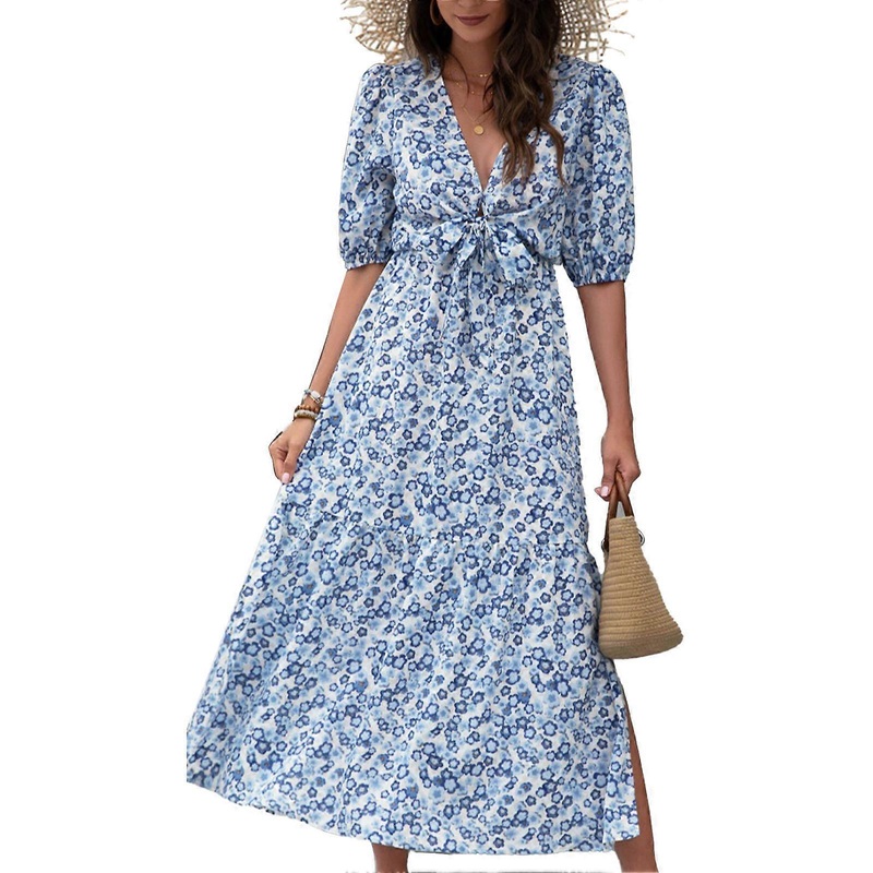 Women Puff Short Sleeve Deep V Neck Dress Floral Print Lace Up Elegant One Piece for Holidays Clubs Dates Office Blue S | Fruugo SG
