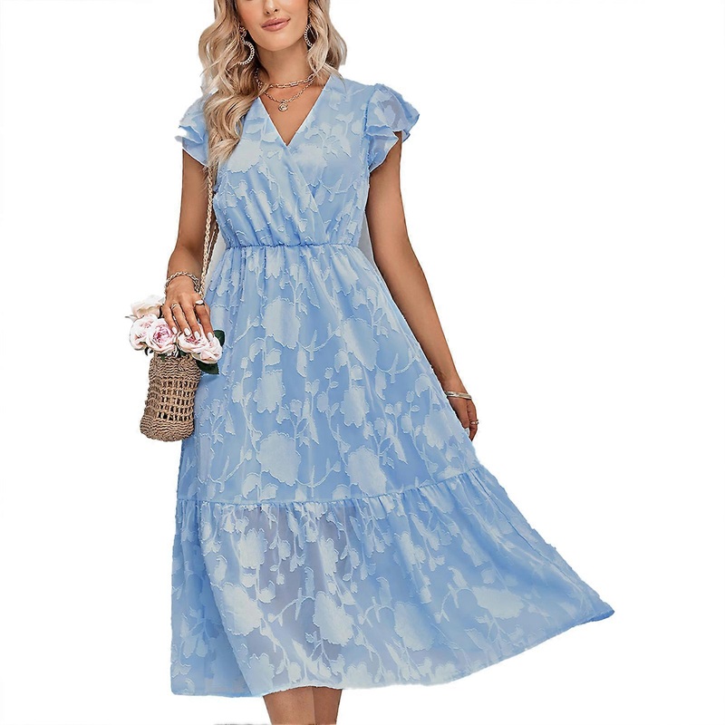 Women’s Long Dress Elegant V Neck Ruffle Floral Print Knee Length Dress for Spring and Summer Light Blue S | Fruugo SG