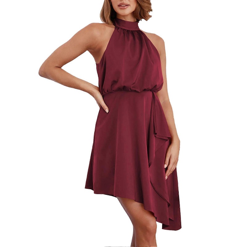 Women’s Summer Satin Short Dress Sleeveless Halter Neck Irregular Hem Ruffle Mini Evening Dress for Party Wedding Date | Fruugo SG