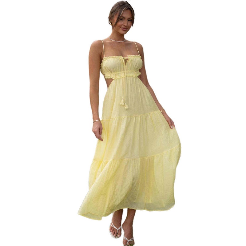 Women’s Summer Square Neck Tie Back Maxi Dress Tiered Ruffle Hem Long Dresses Spaghetti Strap Long Flowy Dresses Gift  Yellow L | Fruugo SG