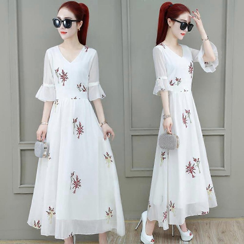 Women Short Flare Sleeve Print V neck Stylish Full Length Dress Summer(Red Floral Print XL) | Fruugo SG