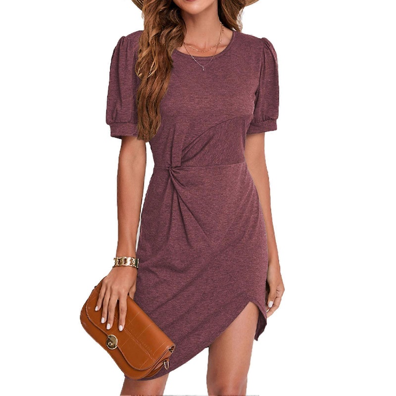 Women Short Puff Sleeve Dress Round Neck Twisted Irregular Hem Pure Color Summer Casual Dress Wine Red XXL | Fruugo SG