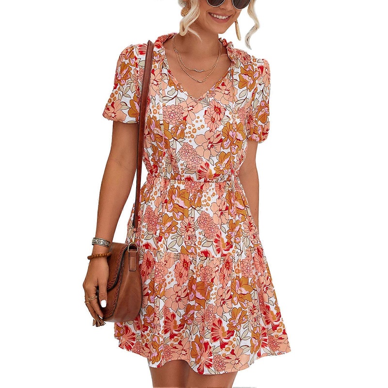 Women Short Sleeve Dress Tie V Neck Floral Printed Lantern Sleeve Elastic High Waist Breathable Summer Dress | Fruugo SG