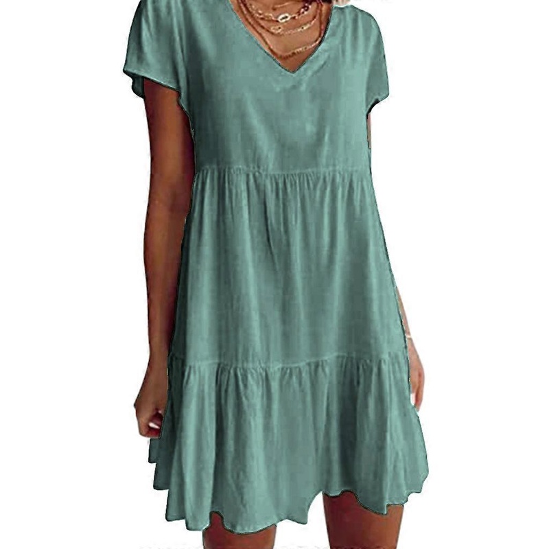 Women Short Sleeve V-Neck A-Line Ruffle Hem Swing Tunic Mini Dress Solid Color  Burgundy XL | Fruugo SG