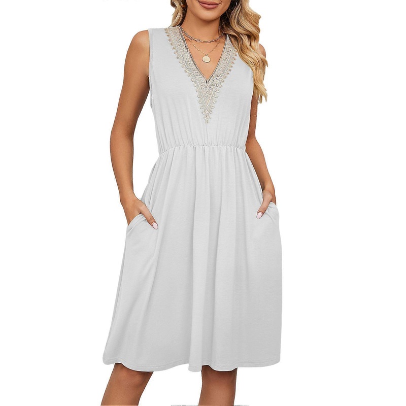 Women Sleeveless Waist Dress with Pockets V Neck Lace Stitching Dress for Spring and Summer | Fruugo SG