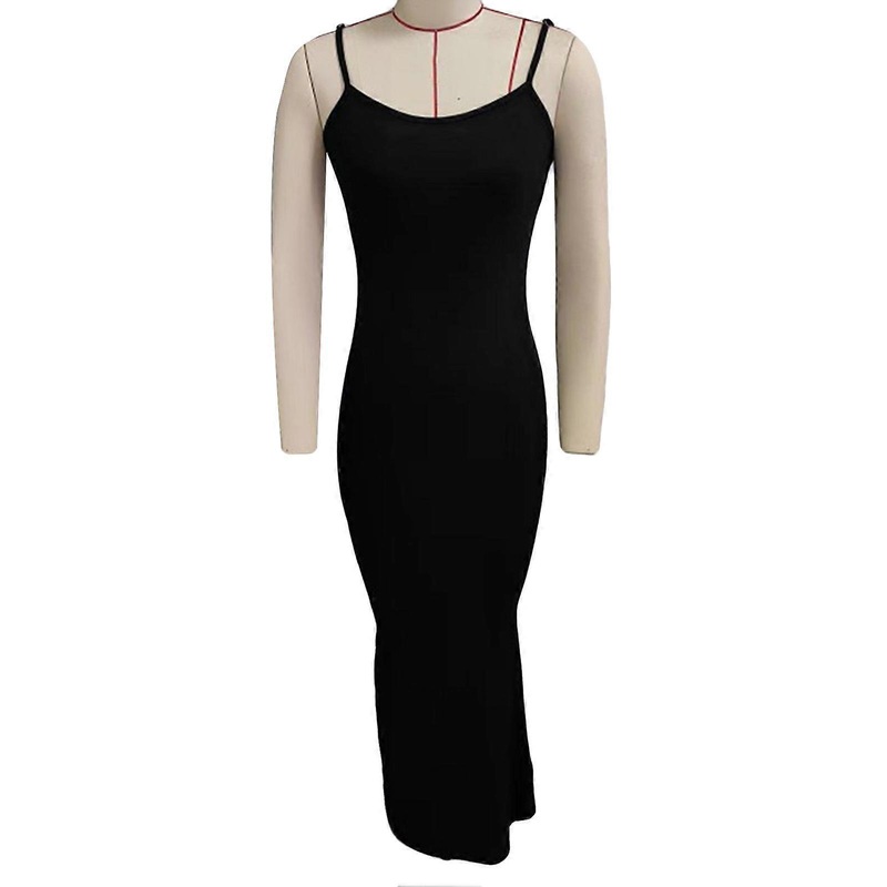 Women Spaghetti Straps Dress Slim Fitting Pure Color Ribbed Knit Summer Hip Wrap Long Dress Black XS | Fruugo SG