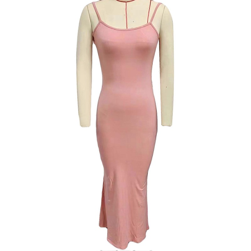 Women Spaghetti Straps Dress Slim Fitting Pure Color Ribbed Knit Summer Hip Wrap Long Dress Leather Pink M | Fruugo SG