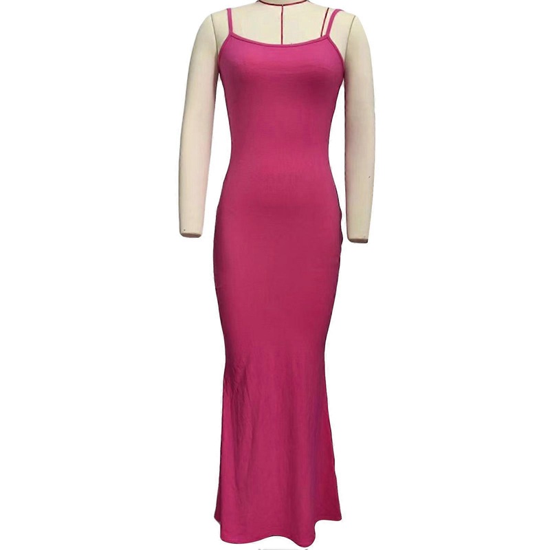 Women Spaghetti Straps Dress Slim Fitting Pure Color Ribbed Knit Summer Hip Wrap Long Dress Pink XL | Fruugo SG