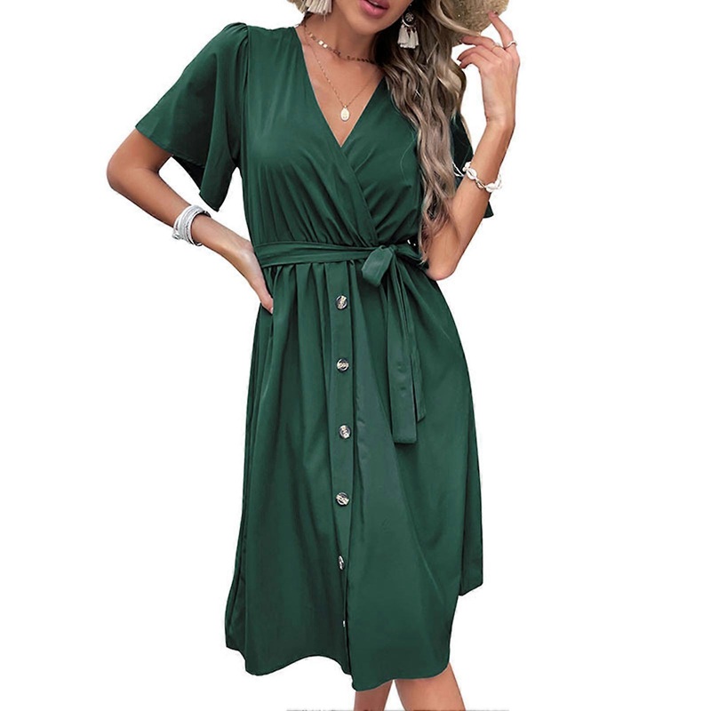 Women Summer Dress Pure Color Casual Tie Waist V Neck Short Sleeve Dress for Daily Wear Atrovirens S | Fruugo SG
