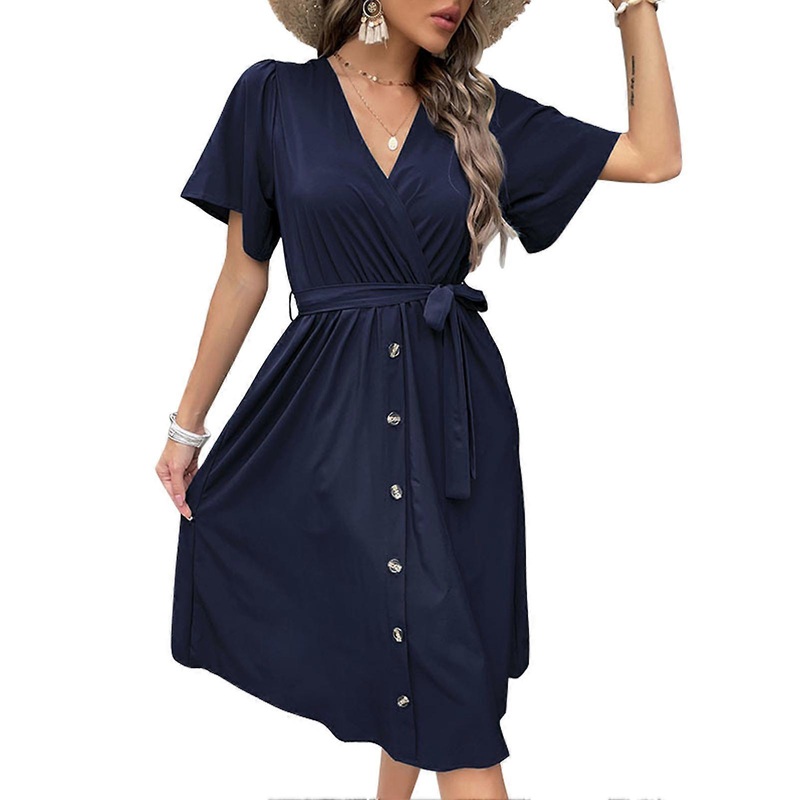 Women Summer Dress Pure Color Casual Tie Waist V Neck Short Sleeve Dress for Daily Wear Navy Blue L | Fruugo SG