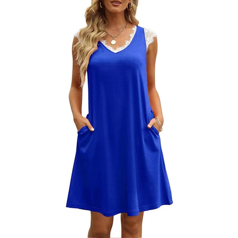 Women V Neck Dress Lace Stitching Side Pockets Pure Color Loose Hem Casual Short Dress Bright Blue M | Fruugo SG