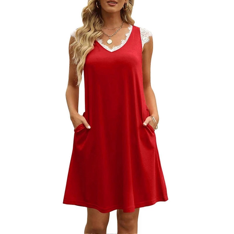 Women V Neck Dress Lace Stitching Side Pockets Pure Color Loose Hem Casual Short Dress Red M | Fruugo SG