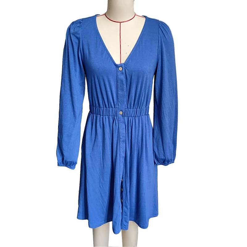 Women V Neck Dress Long Sleeves Button Trim Elastic Waist Casual Dress for Daily Wear Grayish Blue XXL | Fruugo SG