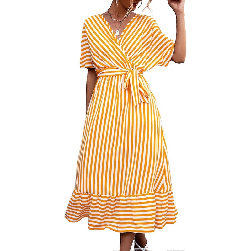 Women Wrap V Neck Dress Belted Hem Stitching Stripe Printed Short Sleeve Maxi Dress for Summer Wear Yellow M | Fruugo SG