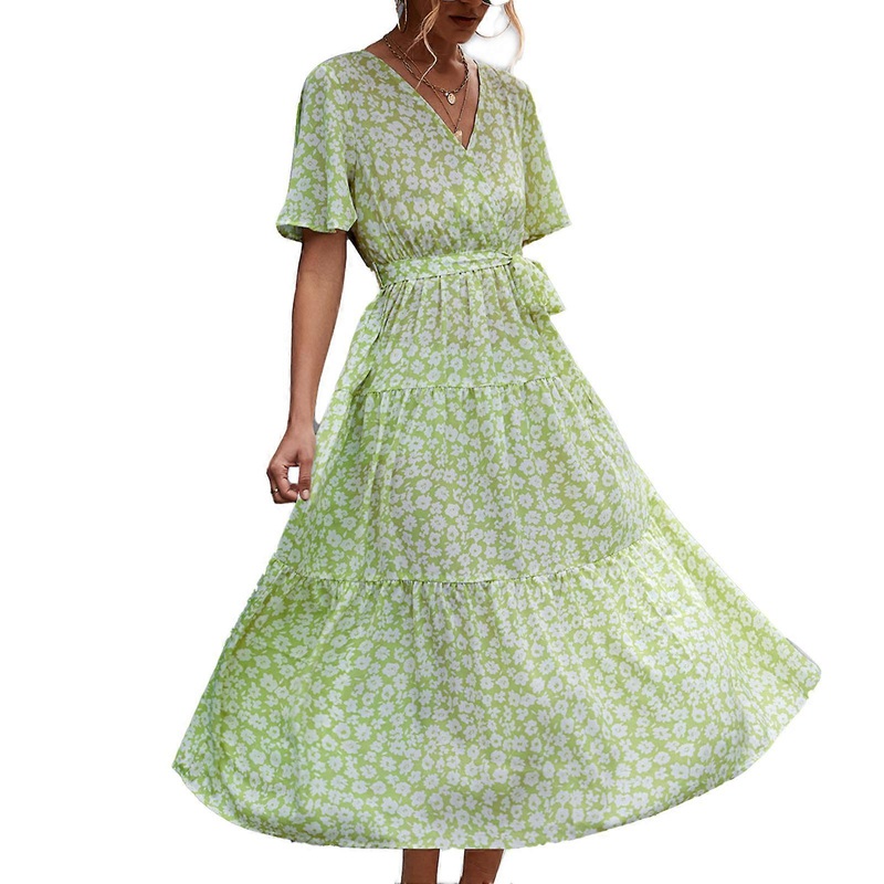 Women Wrap V Neck Dress Short Sleeve Waist Belted Breathable Summer Maxi Dress for Daily Wear Green  Floral M | Fruugo SG