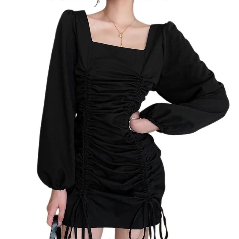 Womens Bridesmaids Wedding Guest Formal Bodycon Dress Square Neck Long Sleeve Dress Ruffle Mini Dress  Black XL | Fruugo SG