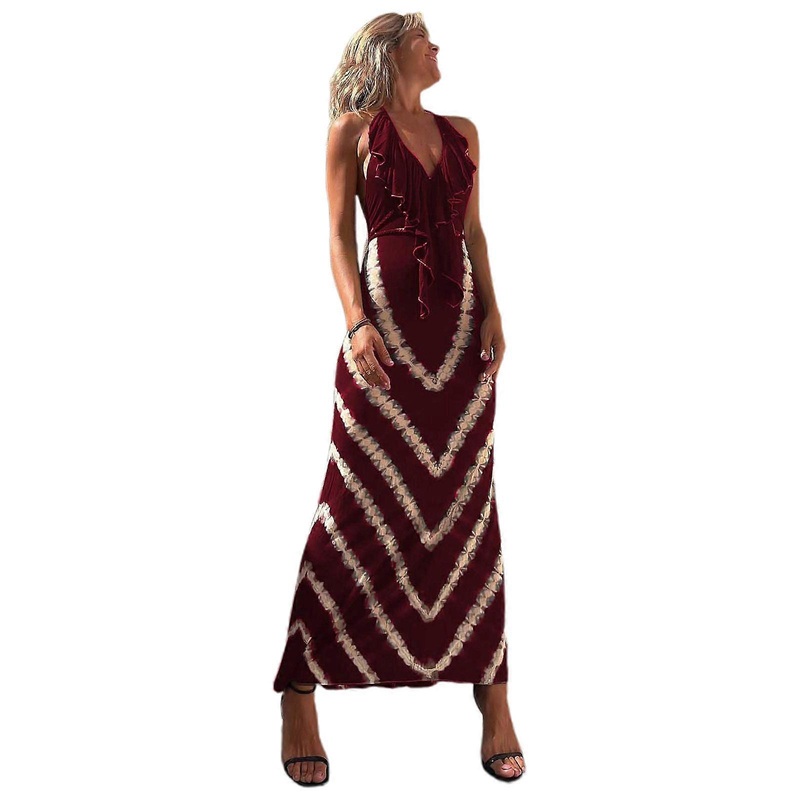 Womens Casual Halter Neck Sleeveless Stripe Printed Long Maxi Dress Backless Ruffle Sundress Party Club Dress  Burgundy XL | Fruugo SG