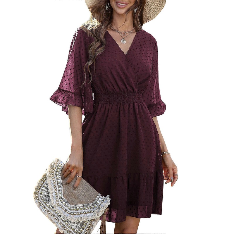 Wrap V Neck Dress Women Casual Lace Dot Half Bell Sleeve Elastic Waist Dress for Holiday Party Burgundy M | Fruugo SG