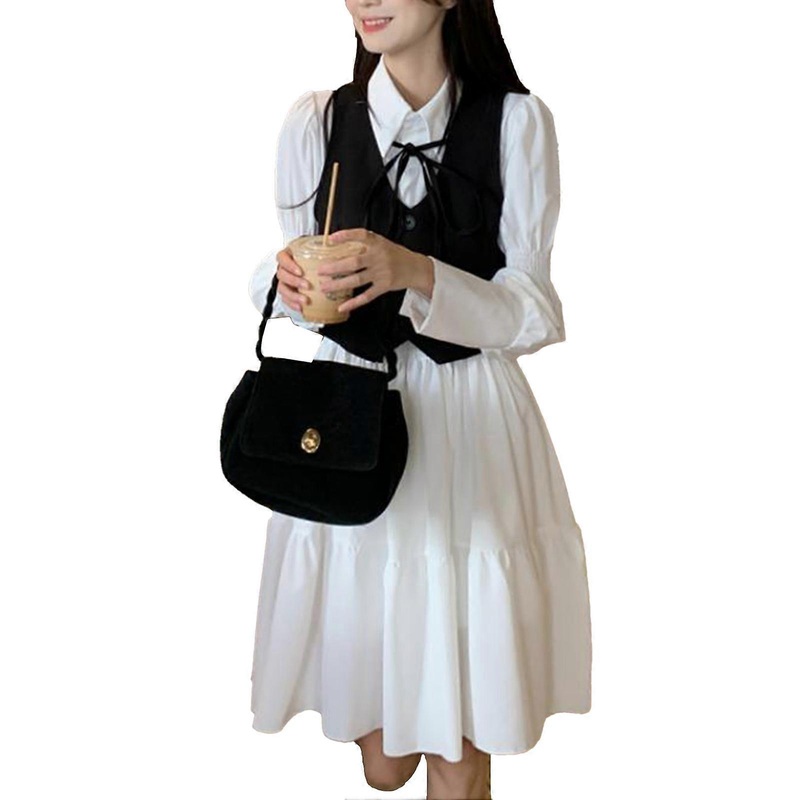 2 Pieces Women Vest Dress Long Sleeve Bow Female Single Breasted Vest A Line Dress Set for Lady Girl Spring | Fruugo SG