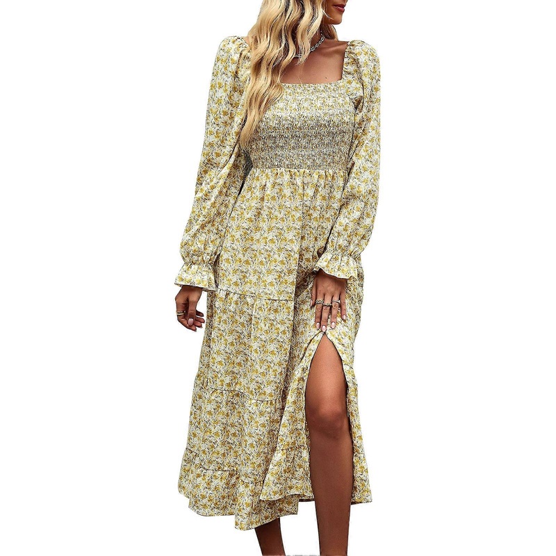 Boho Floral Print A Line Dress Long Sleeve Square Neck Tube Ruffle Hem High Waist Midi Dress Yellow S | Fruugo SG