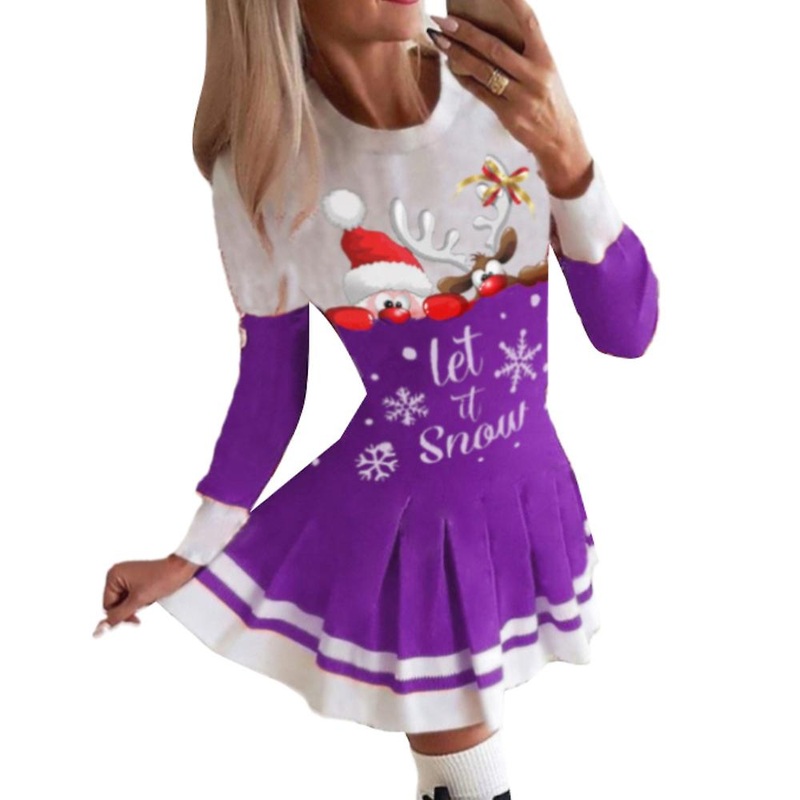 Christmas Women Long Sleeve Xmas Printed Mini Dress Casual Party Swing Dresses | Fruugo SG