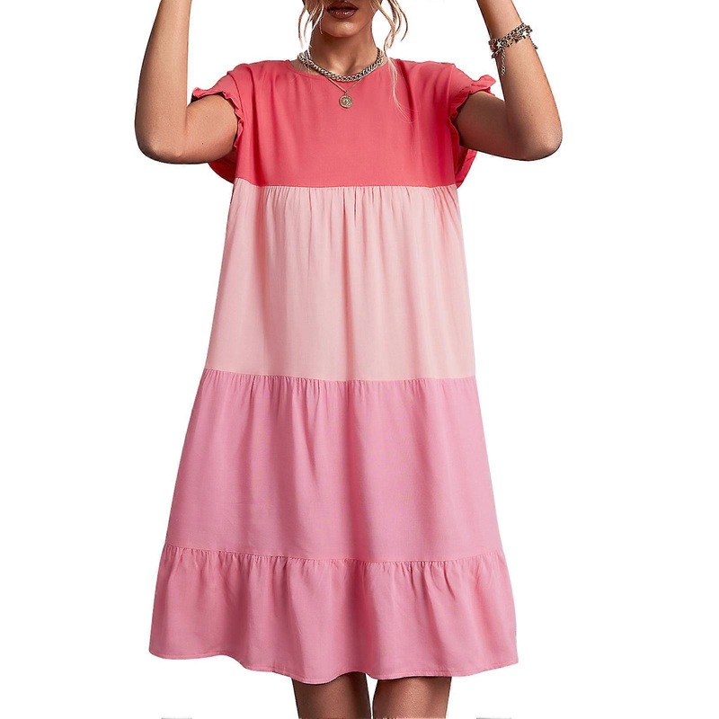 Contrast Color Splicing Dress Classic One Piece Dress with Ruffled Cuffs Machine Washable for Summer Pink L | Fruugo SG