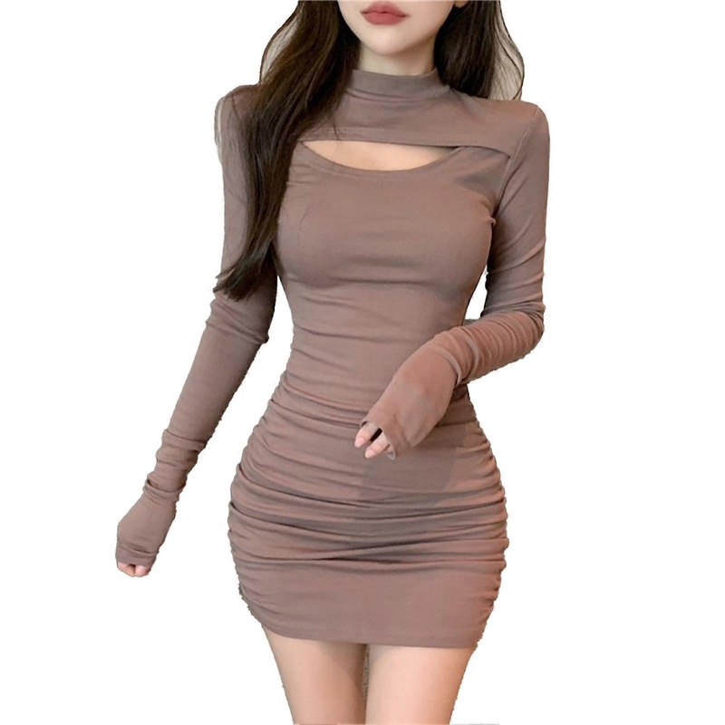 Cutout Bodycon Dress Ruched Stylish Soft Elegant Tight Long Sleeve Hollow Out Bodycon Dress | Fruugo SG