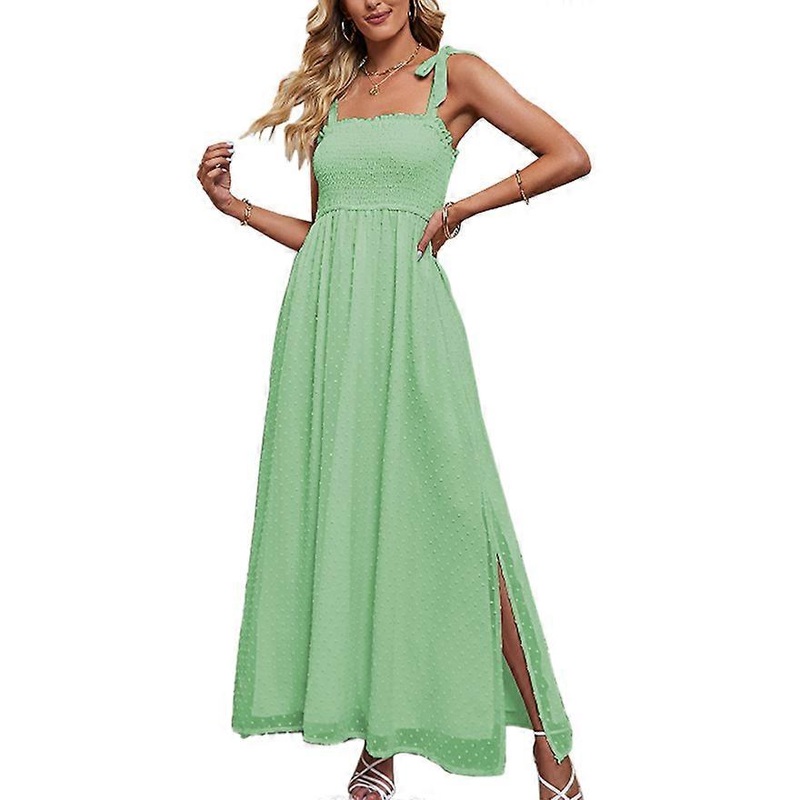 Dot Smocked Long Sun Dress Pure Color Bow Shoulder Strap Square Neck Side Split Maxi Dress for Birthday Green L | Fruugo SG