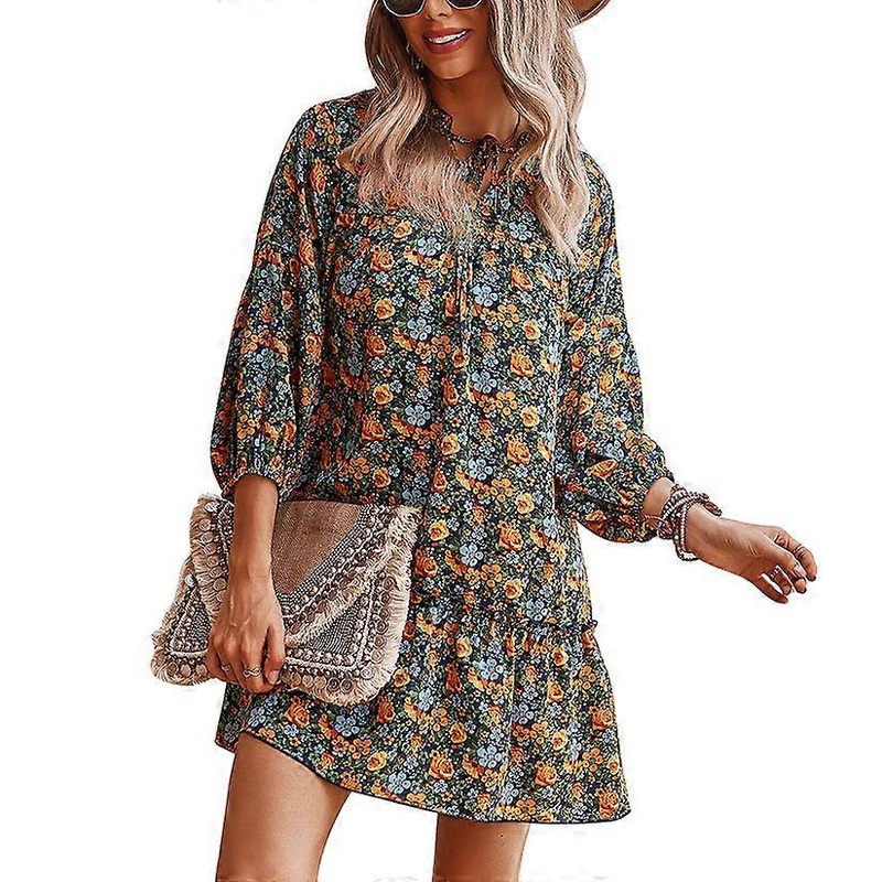 Dress Floral Print V Neck Nine Quarter Sleeve Flounces Hem Casual Dress for Women Navy Blue XL | Fruugo SG