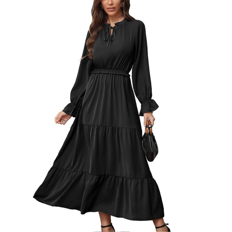 Dress Flounce Hem Long Sleeve Pure Color Drawstring High Waist Fashionable Dress for Women Black L | Fruugo SG