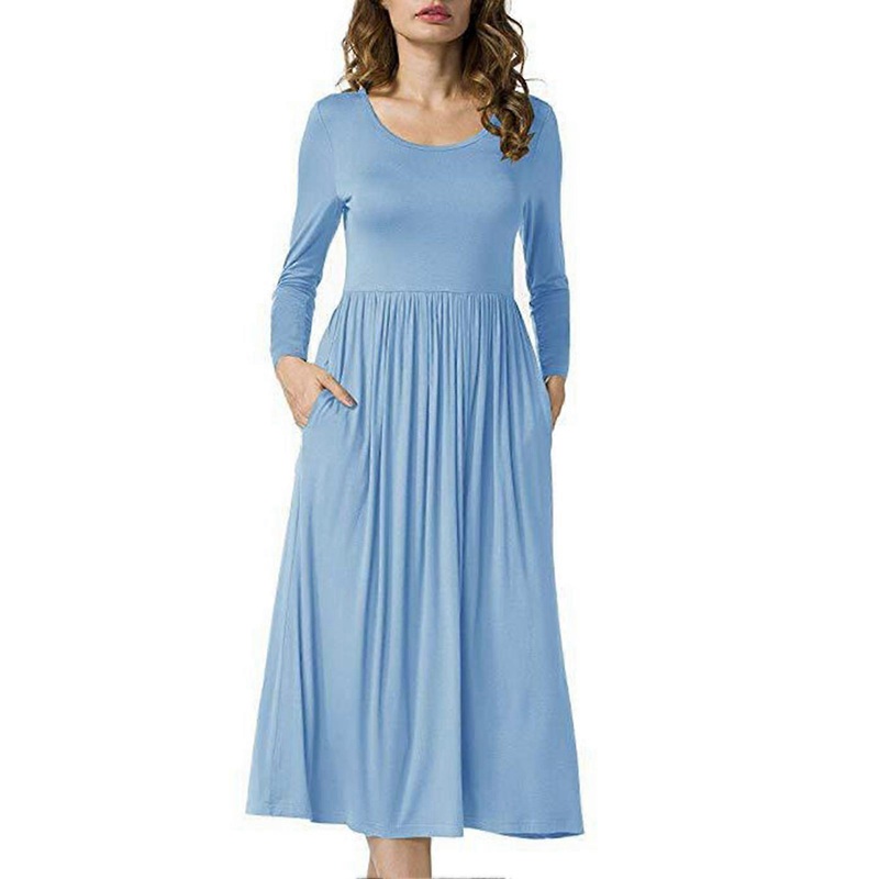 Dress Long Sleeve Round Neck Pure Color Flowy Swing Hem Comfortable Dress for Women Light Blue S | Fruugo SG