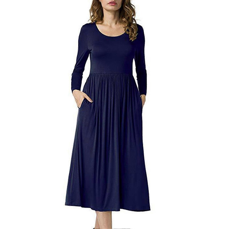 Dress Long Sleeve Round Neck Pure Color Flowy Swing Hem Comfortable Dress for Women Navy Blue XL | Fruugo SG