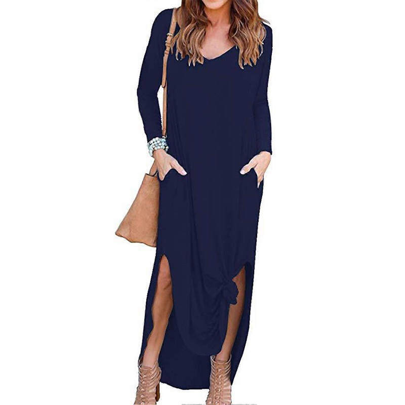 Dress Long Sleeve Side Slit V Neck Pocket Irregular Hem Pure Color Maxi Dress for Women Purplish Blue L | Fruugo SG