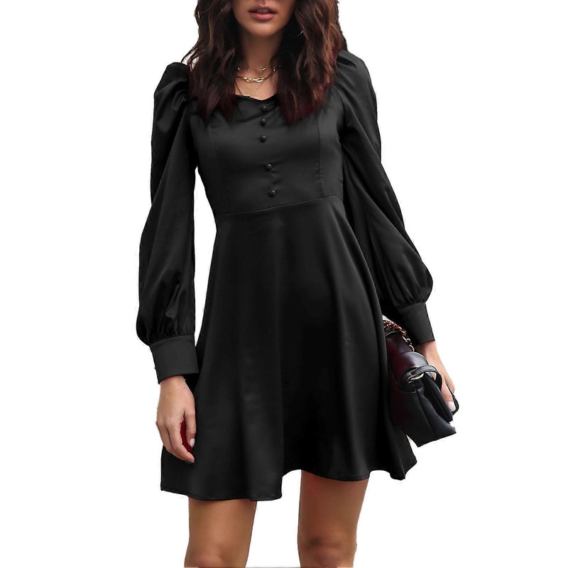 Dress Puff Long Sleeve V Neck Button Pure Color Fashionable Elegant Dress for Women Black S | Fruugo SG