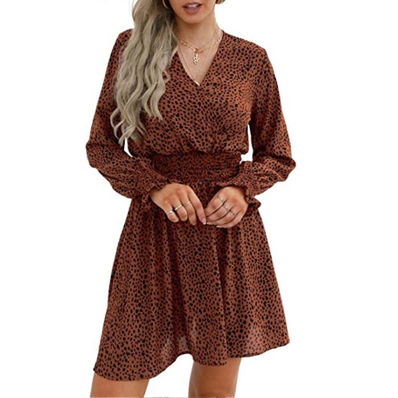 Dress Wrapped Deep V Neck Floral Print Long Sleeve A Line One Piece Dress for Women Brown XXL | Fruugo SG