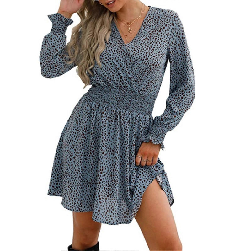 Dress Wrapped Deep V Neck Floral Print Long Sleeve A Line One Piece Dress for Women Light Blue L | Fruugo SG