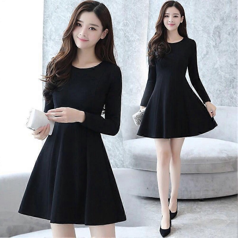 Elegant Style Fashion Women Solid Color Dress Round Neck Long Sleeve Above Knee Length Slim Dress Black MNEW1 | Fruugo SG