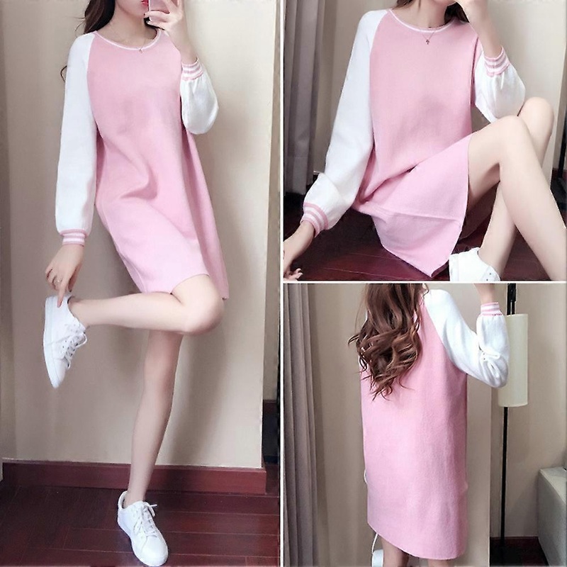 Fashion Women Stitching Color Dress Round Neck Long Sleeve Above Knee Length Slim DressPink LNEW4 | Fruugo SG