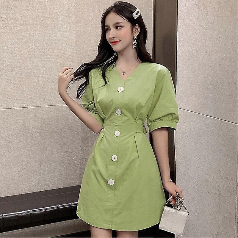 Fashion Women Vintage Style Dress High Waist Above Knee Length V Neck Dress (Green S) | Fruugo SG