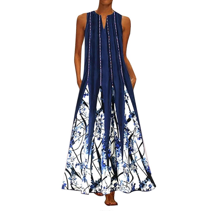 Floral Printed Midi Dress for Women Girl Summer V-Neck Dress Simple Sleeveless Party Dress Pocke Long Holiday Dress Ins  White XL | Fruugo SG