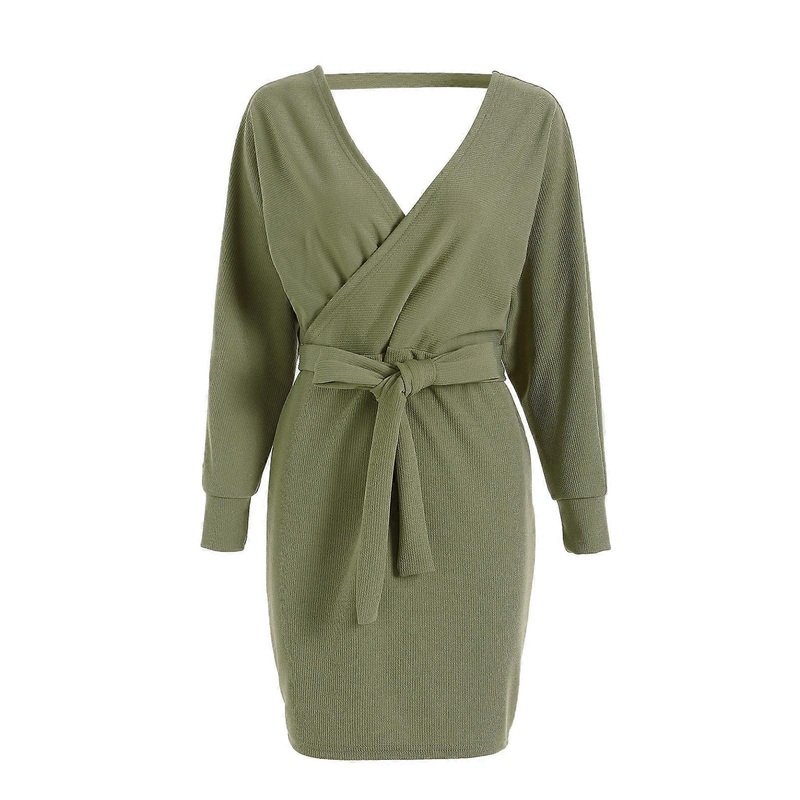 Knit Mini Dress Women’s Batwing Long Sleeve Backless Mock Wrap for Cocktail Autumn Winter Green M | Fruugo SG