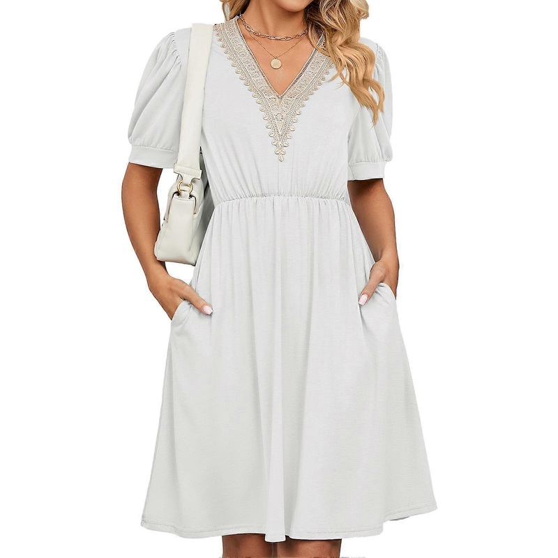 Lace Stitching Dress Puff Sleeve Side Pockets V Neck Fashionable Elegant Female Short Dress White L | Fruugo SG