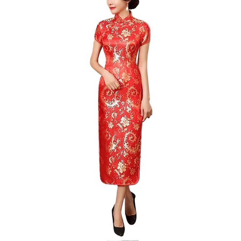 Long Chinese Cheongsam Short Sleeved Side Split Elegant Mandarin Collar Evening Wedding Chinese Traditional Dress | Fruugo SG