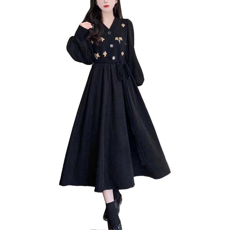 Long Sleeve Dress Black V Neck Elegant Vintage Style Embroidered Flower Women Tunic Dress for Party Office Shopping Black L | Fruugo SG