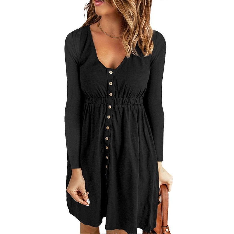 Long Sleeve Dress Pure Color Medium Length Elegant V Neck Tighten Casual Dress Shirred Waist Breathable Slim Fit for Woman Black XXXL | Fruugo SG