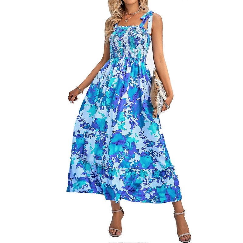 Maxi Dress Shirred Printed Strap Pleated Fashionable Elegant Female Maxi Dress for Dating Party | Fruugo SG