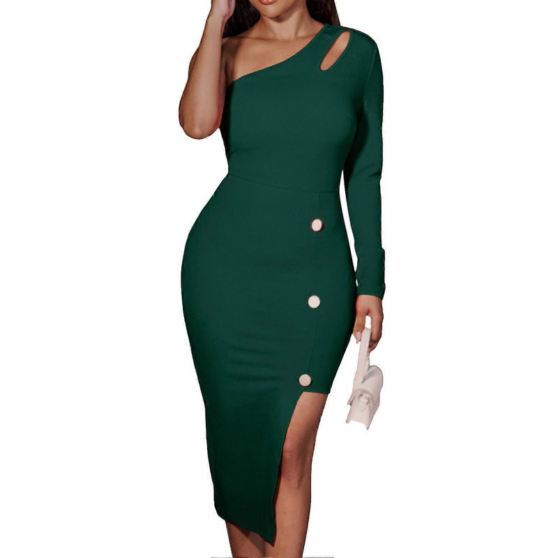 One Shoulder Dress Irregular Hem Bodycon Cutout Dresses Long Sleeve Elegant Dress for Women Dark Green L | Fruugo SG